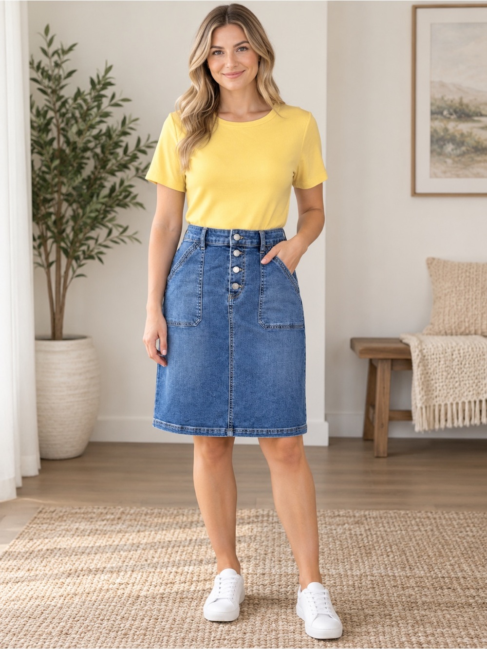 Chaps Denim Skirt Size 8 Time and Tru Yellow Top Large 2 Piece Outfit